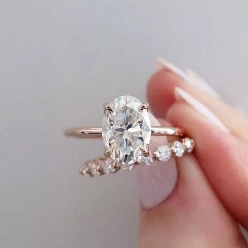 Deal 2.50 CT Oval Cut Moissanite Bridal Set Engagement Ring 14K Rose Gold Plated