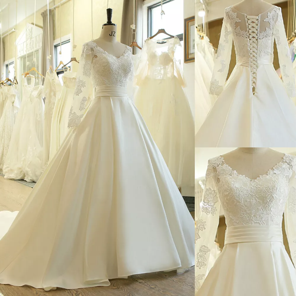 Simple Satin Wedding Dresses Long Sleeve V Neck Lace Sweep Train Bridal Gowns