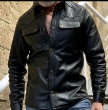 Men's Real Cowhide Thick Leather Full Sleeves Shirt With Front Chest Pockets