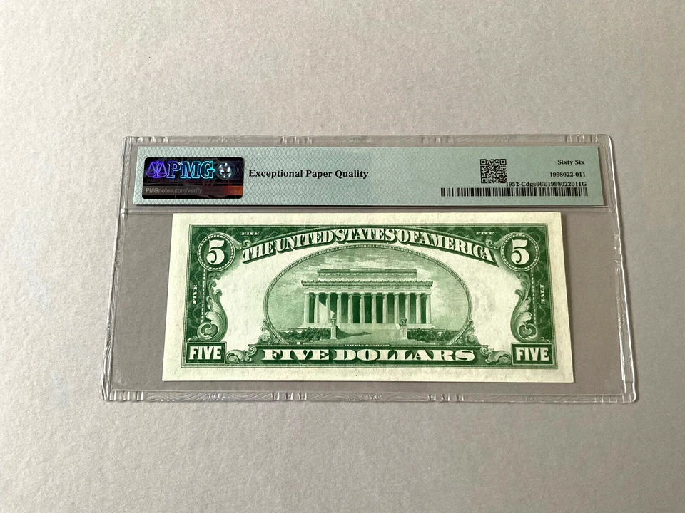 U.S. $5 FR 1952-Cdgs Dk Grn (CA Blk) 1928B Fed Resv Note Philadelphia PMG 66 EPQ - Image 3 of 4