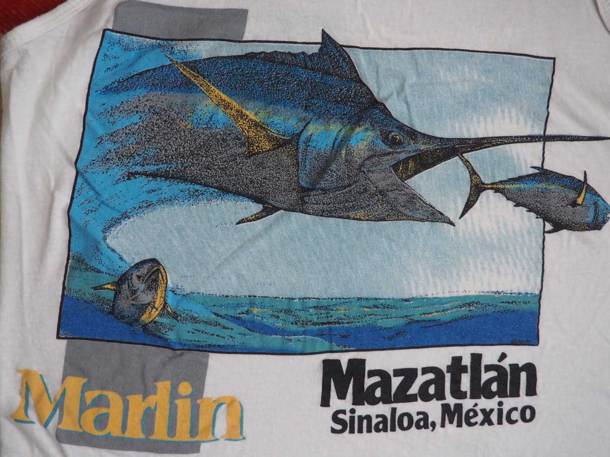 VTG 80s Fajer Mazatlan Mexico Marlin Fish Tuna Art White Tank Top T-Shirt M View 5