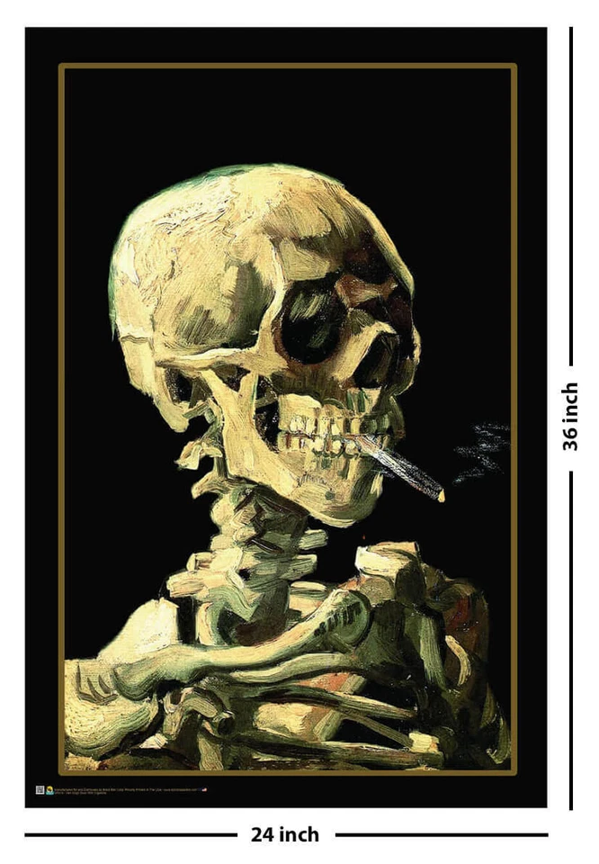 Póster impreso arte calavera esqueleto Vincent Van Gogh con cigarrillo ardiente 24x36 pulgadas Foto 2 de 4
