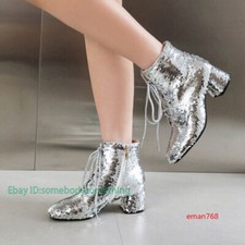 Women's Glitter Sequin Pointed Toe Ankle Boots Mid Block Heels Fall Winter Shoes