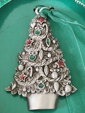 Christmas Ornament Pewter Gloria Duchin Christmas Tree Green/Red Rhinestones