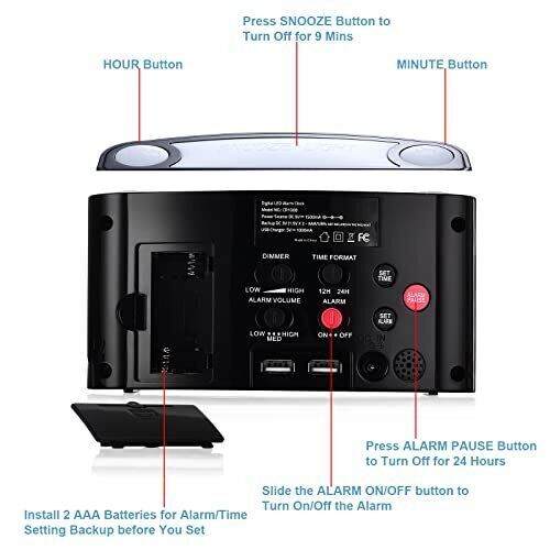 Alarm Clock for Bedrooms - 7 Color Night Light,2 USB Chargers, 7&rdquo; Large LED