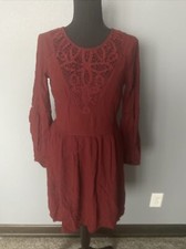 American Eagle Outfitters Burgundy Lace Insert Boho Long Sleeves Dress Size XS