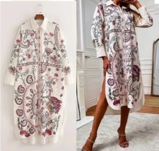 ZARA OFF WHITE EMBROIDERED LONG SHIRT KAFTAN DRESS SIZE S M 10 12 SUMMER BEACH