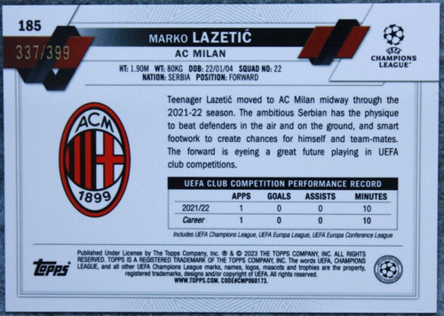 2022-23 Topps Chrome UEFA UCC Marko Lazetic /399 Green Xfractor RC #185 - Picture 2 of 2
