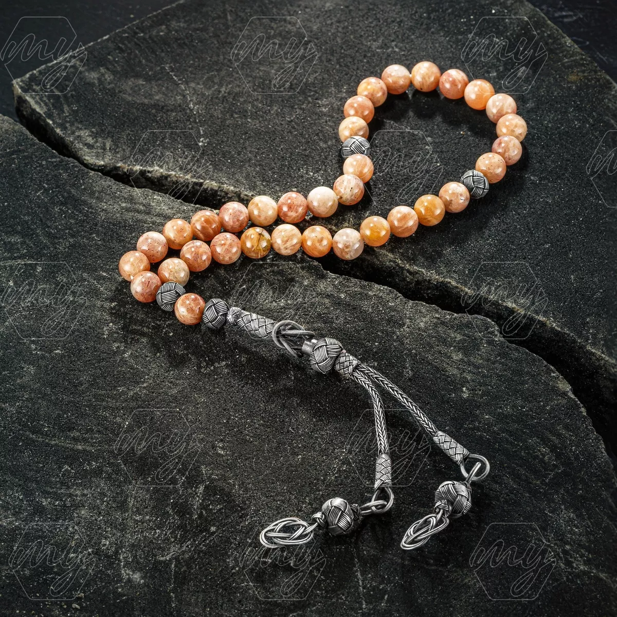 1000 Ct Silver Turkish Kazaz Sunstone Islamic 33 Prayer Beads