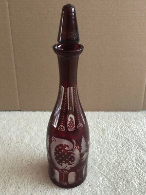 EGERMANN CZECHOSLOVAKIA RUBY RED CUT TO CLEAR BOHEMIAN WINE DECANTER- 15''