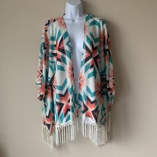 Kimono Summer Cardigan - Bohemian Geometric Fringe Semi Sheer Small/medium