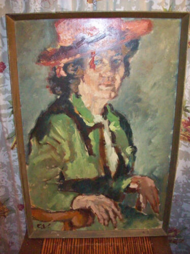 Red Hat Painting Primitive Carl Alex-von Volborth Pop Culture 60s Woman Maggie  - Picture 1 of 12