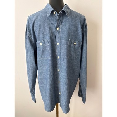 True Craft Mens XL Chambray Button Down Shirt Blue Long Sleeve Dual Pocket