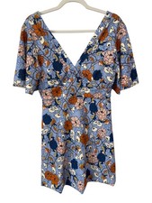 Zara Mini Dress Size Medium Floral VNeck Flutter Sleeve Blue Multi Spring Boho