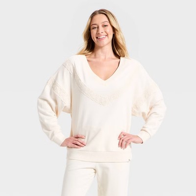 Women Crochet Trim V-Neck Sweatshirt -JoyLab