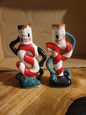 VTG Japan Anthropomorphic Christmas Candy Cane People Wink Salt & Pepper Shakers