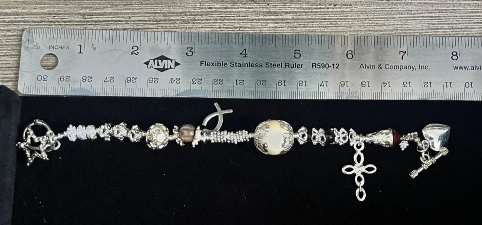 Silver Tone Bracelet Cross Locket Star Charm Rhinestone Toggle Religious Faith - Image 2 of 4