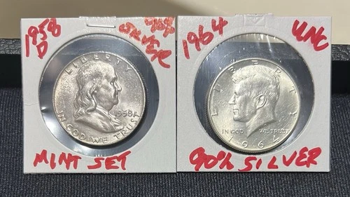 1958 D FRANKLIN & 1964 KENNEDY HALF DOLLAR 50c BRILLIANT UNCIRCULATED 90% SILVER