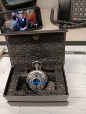 Vintage Style Blue Starry Sky Quartz Pocket Watch w/ Chain Roman Numerals