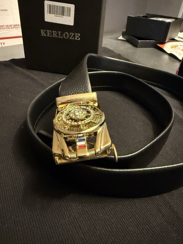 KERLOZE Men's Black Ratchet Belt Gold Automatic Buckle Rotating Wheel Rhinestone
