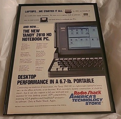 Radio Shack Tandy 2810 HD Notebook PC Vintage 1991 Print Ad Framed 8.5x11