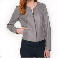 Women's Gray Leather Jacket Perforated H by Halston Size 14 (L/XL)