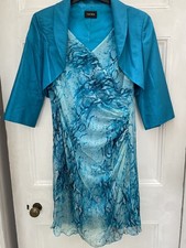 Ispirato Teal Blue Patterned Dress and Bolero Jacket Wedding Outfit, UK 10 - 12