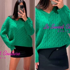ZARA WOMAN NWT FW25/26 GREEN CABLE KNIT V-NECK JUMPER ALL SIZES 427/002/500
