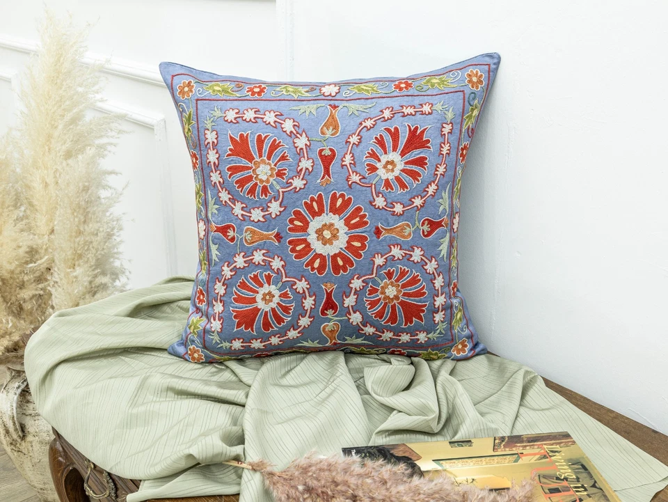 Silk Suzani Embroidered Pillow Cover 20x20 in Sky Blue Cream Designer Accent - Image 3 of 4