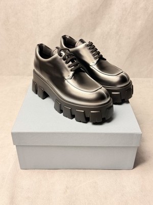 Prada Monolith Brushed Leather Derby Shoes SZ EU 40 / US 7 Argento Brand New
