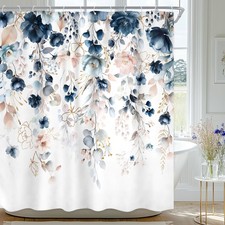 Navy Blue Floral Shower Curtain Pastel Watercolor Eucalyptus Leaf 72x72 Inch