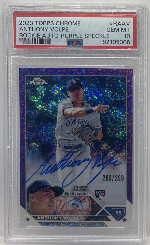 2023 Topps Chrome Rookie Anthony Volpe Purple Speckle Refractor AUTO /299 PSA 10