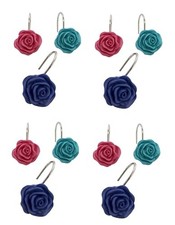 Decorative Rose Shower Curtain Hooks Set of 12 Resin Flower Rings in Blue,