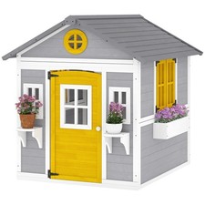 Outsunny Outdoor Wooden Kids Playhouse Cottage with Dutch Door Windows, Gray