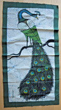 gewebtes Stoff-Bild "Blauer Pfau auf Ast" sehr feine Arbeit 113 x 60 cm
