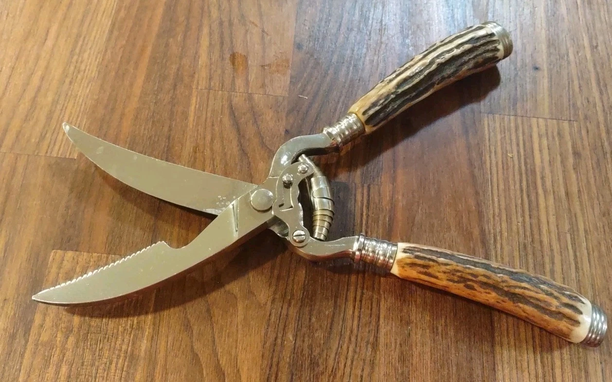 VINTAGE BARON KITCHEN POULTRY SHEARS STAG HANDLE SOLINGEN GERMANY