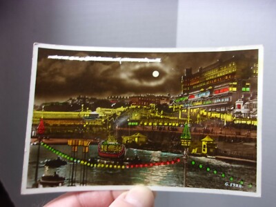 City Night Scene w/ boats and people foreign Antique Postcard 