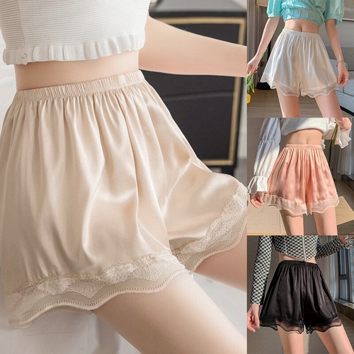 Womens Satin Lace Underwear Frilly Pettipants Bloomers Half Slip Short ...