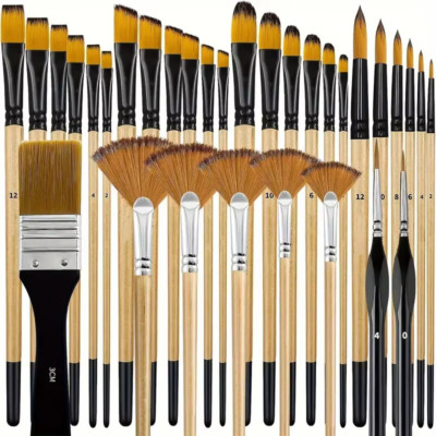 H 32tlg Pinselset für Acrylfarben   Künstlerpinsel Nylon flach rund Detail Fan