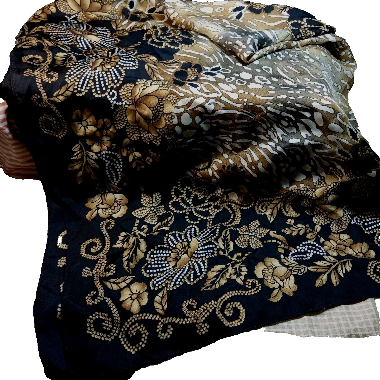 ADRIENNE LANDAU Studio 100% SILK SCARF 35 x 34 FLORAL DESIGN BLACK~GOLD~CREAM