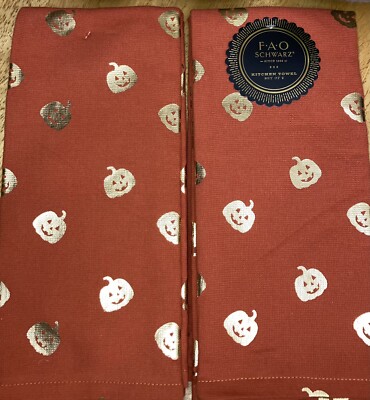 Halloween Orange Gold Foil Pumpkins Jack O Lantern 2 Kitchen Hand Towels Set FAO