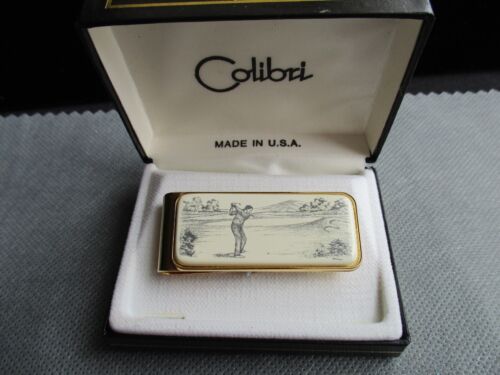 Vintage Faux Scrimshaw 2" Money Clip by COLIBRI Golfer signed Boucher Gold Metal