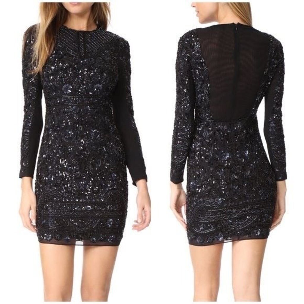 Needle & Thread Long Sleeve Lace Sequin Embellished Mini Dress Black Midnight 0 Needle & Thread Long Sleeve Lace Sequin Embellished Mini Dress Black Midnight 0