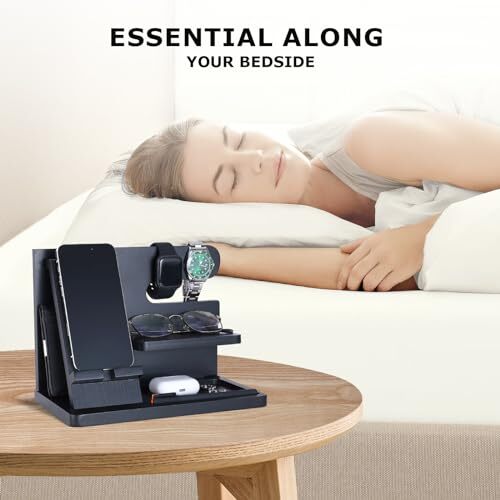 Night Stand Organizer, Wood Phone Docking Station for Men, Phone Premium Black - Bild 5 von 7