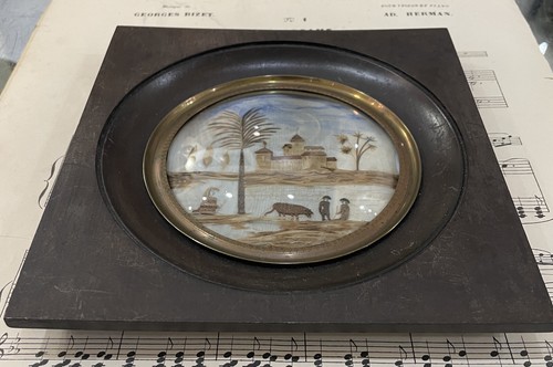 Rare Antique French Mourning Hair Art Domed Glass House Trees People c1840 - Picture 3 of 5