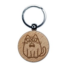 Cat Smart with Glasses and Bowtie Engraved Wood Round Keychain Tag Charm