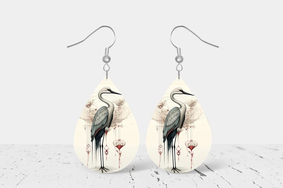 Crane Bird Print Wood Dangle Teardrop Print Earrings Jewelry - Image 3 of 4
