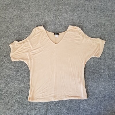 Venus Women T-Shirt M Solid Beige Cold Shoulder Short Sleeve V-Neck Stretch 2020