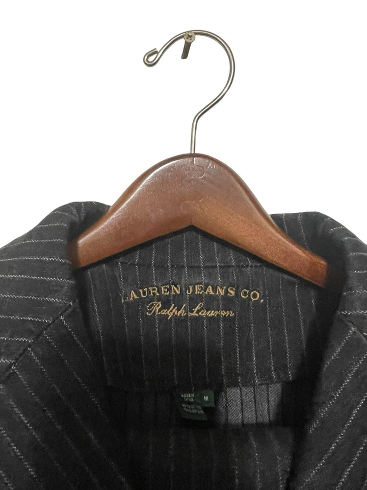 Винтажный LAUREN RALPH LAUREN джинсовой ткани брюки и блейзер костюм серый в тонкую полоску черный ярлык SZ M - Изображение 3 из 4