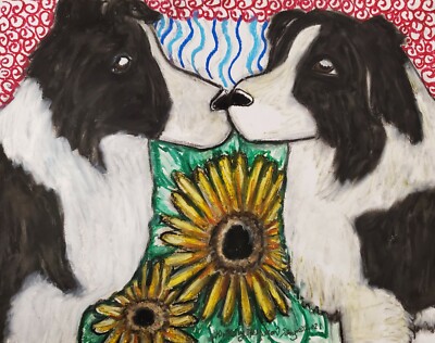 BORDER COLLIE DOG ACEO Mini 2.5 x 3.5 ART Print Sunflowers by Artist KSams